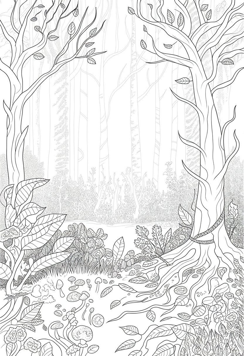 Gothic Coloring Pages for Adults: Top 20 Designs to Download as PDF and Png Files. 35 A forest scene with tall, twisted trees and scattered leaves on the ground.